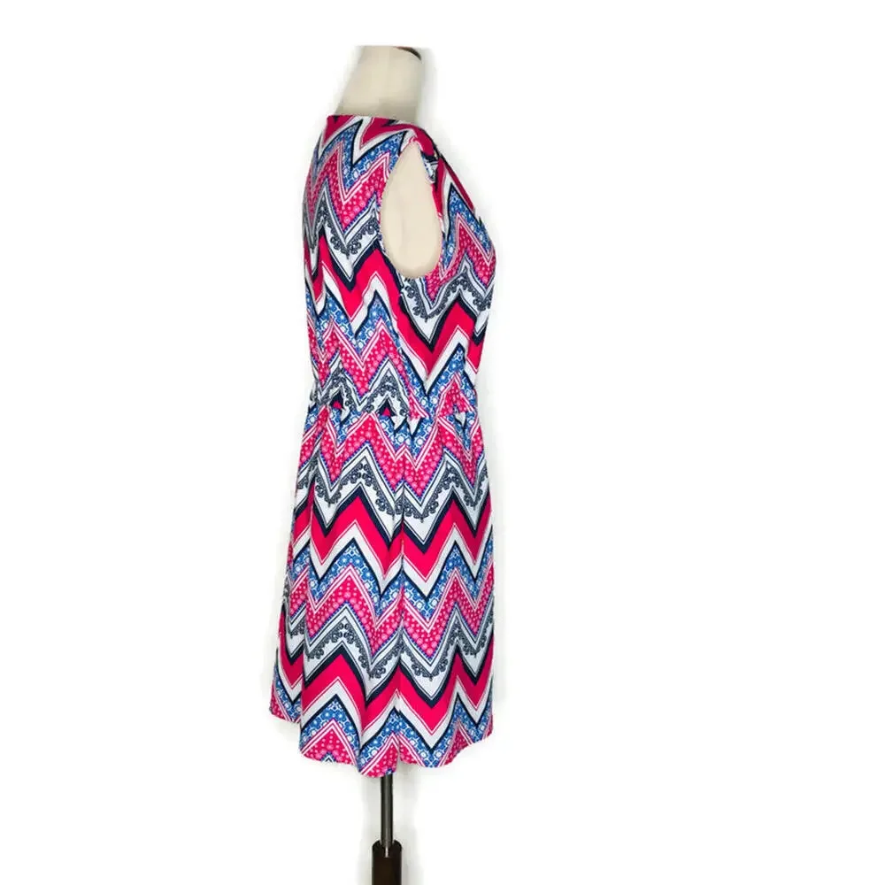Jude Connally A Line Dress Cap Sleeve Pink Geometric Chevron Print Pockets S - Picture 2 of 9